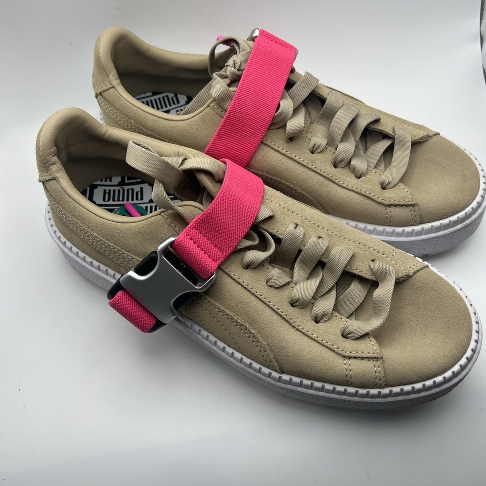 Puma Trace Buckle Tan Pink White Platform Cement Suede Sneakers Size 7.5 Women's